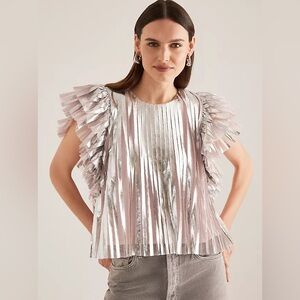 Anthropologie Metallic Pink and Silver Ruffle Sleeve Pleated Blouse